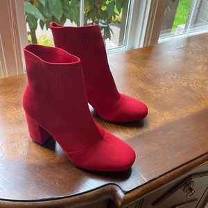 Red Mia boots with a suede (vegan) heel.  8